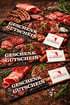 Drei Geschenk-Gutscheine für die Metzgerei Schmidt auf Hintergrund mit Fleisch, Wurst, Schinken und Gewürzen.