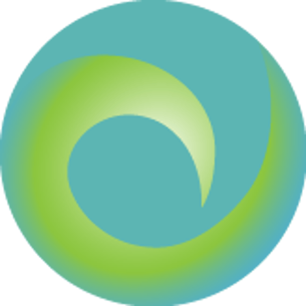 Türkisfarbenes Quadrat mit einem grünen, geschwungenen Band, das eine spiralförmige Form bildet.