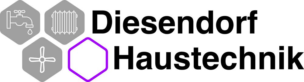Logo "Diesendorf Haustechnik" mit Symbolen für Wasserhahn, Heizkörper und Ventilator in Sechsecken.