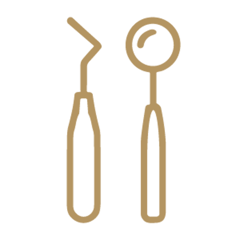 Goldfarbenes Icon eines zahnärztlichen Spiegels und einer Sonde auf schwarzem Hintergrund.