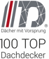 Graues Logo mit roten Streifen und Text "Dächer mit Vorsprung", darunter "100 TOP Dachdecker".