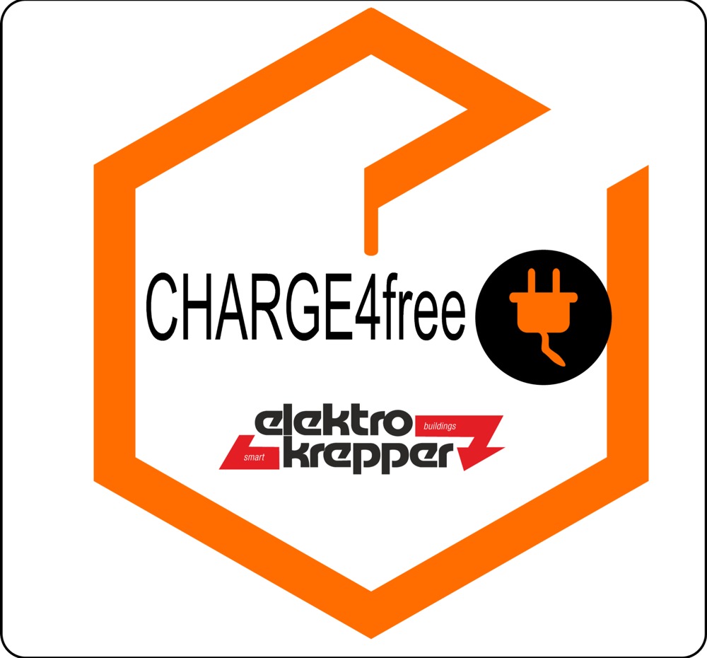 Orangefarbenes Hexagon-Logo mit "CHARGE4free" und einem Stecker-Symbol, darunter "elektro krepper".