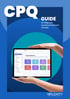 Hände halten ein Tablet mit 3D-Modell einer Pergola und einer Person, Titel: "CPQ GUIDE Ihr Weg zum kundenorientierten Vertrieb".