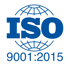 Blaues ISO-Logo mit einer Weltkugel und dem Text "ISO 9001:2015".