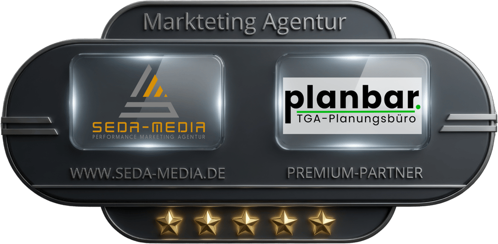 Marketing Agentur mit Logos von SEDA-MEDIA und planbar TGA-Planungsbüro, 5 goldene Sterne, www.seda-media.de, Premium-Partner.