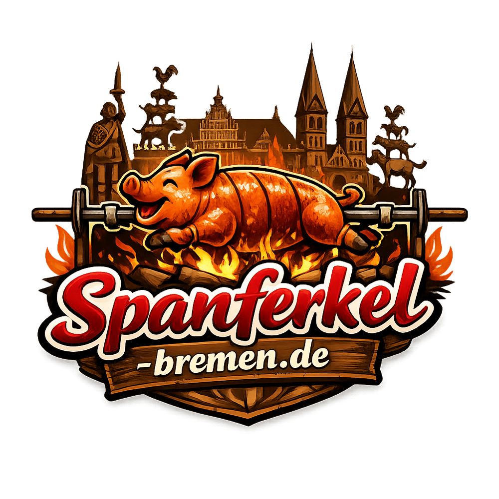 Spanferkel am Spieß über Flammen, im Hintergrund Bremer Stadtansicht. Text: Spanferkel-bremen.de.