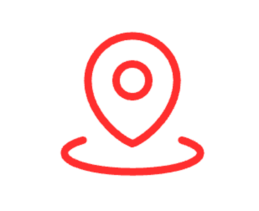 Rotes Umriss-Standort-Pin-Symbol mit einem Kreis in der Mitte und einer Basislinie.