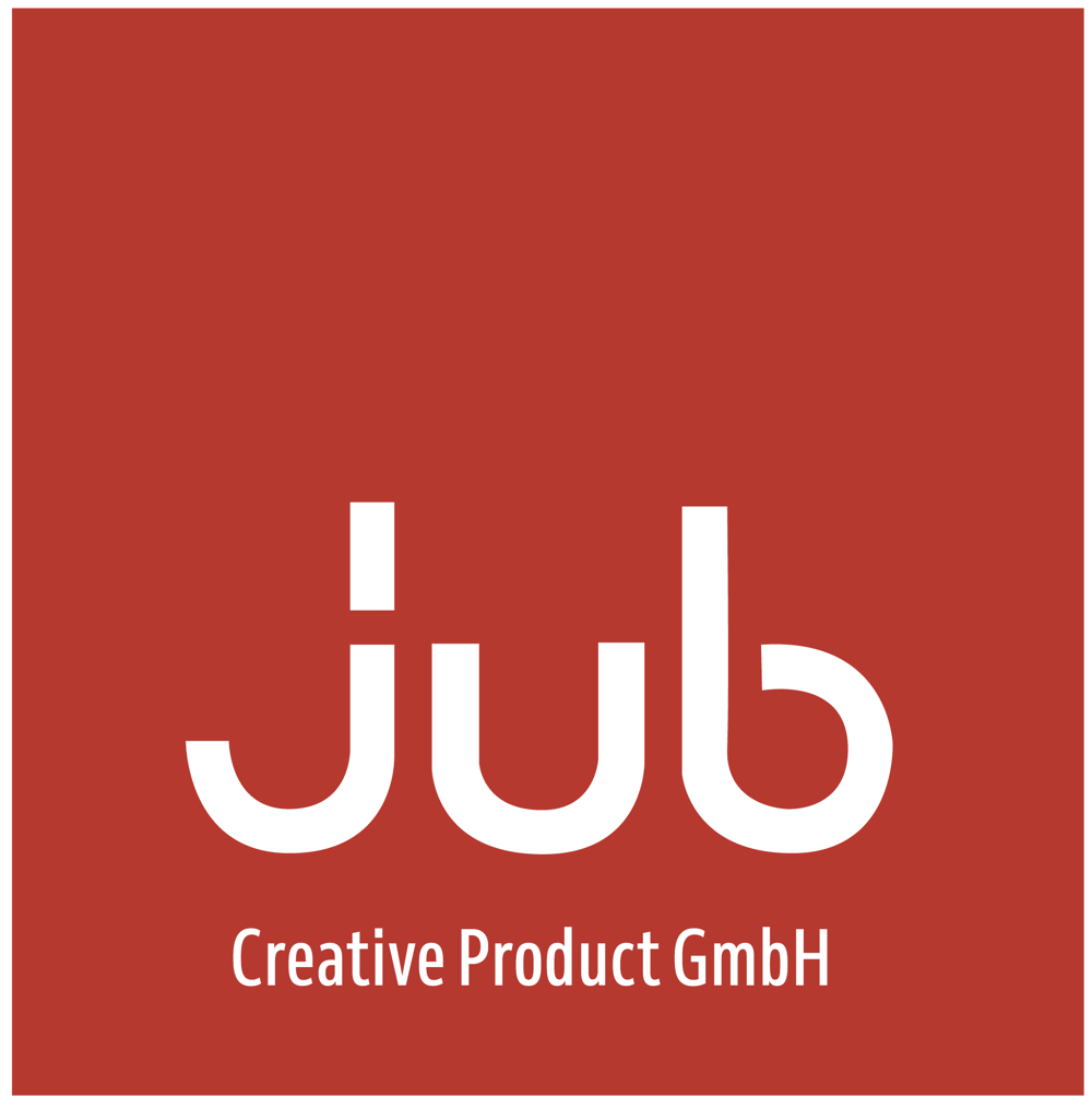 Jub Creative Product GmbH Logo: weißer Schriftzug "jub" und "Creative Product GmbH" auf rotem Hintergrund.