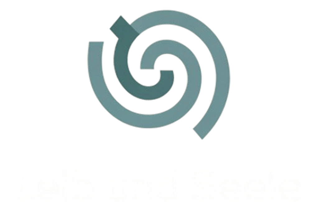 Graues Spiral-Logo über dem Text "Leib und Seele" auf dunkelgrünem Hintergrund.