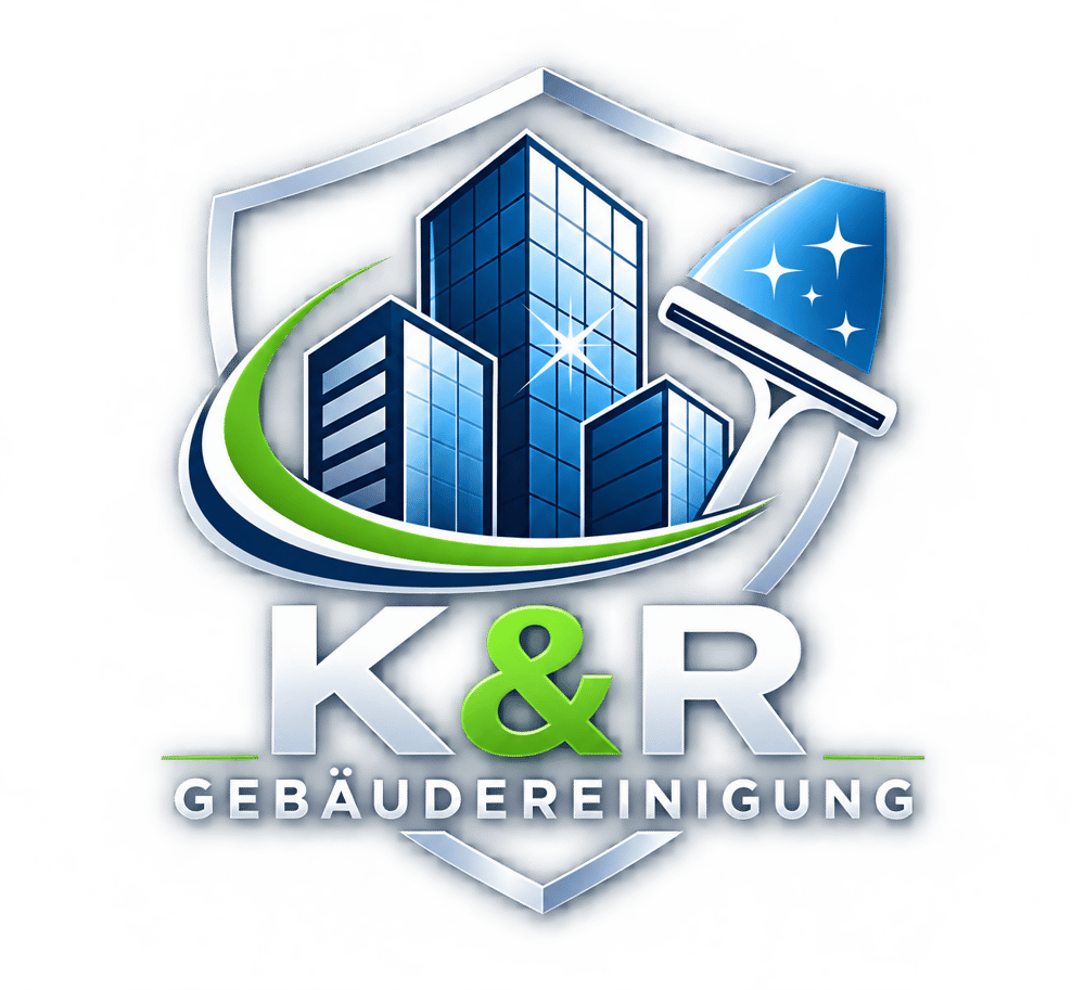 Logo von K&R Gebäudereinigung mit blauen Hochhäusern, einem Reinigungsschaber und Schutzschild auf schwarzem Grund.