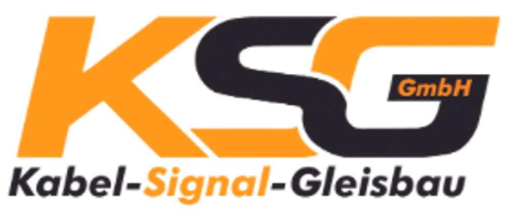 Logo von KSG GmbH Kabel-Signal-Gleisbau mit orangefarbener und grauer Schrift.