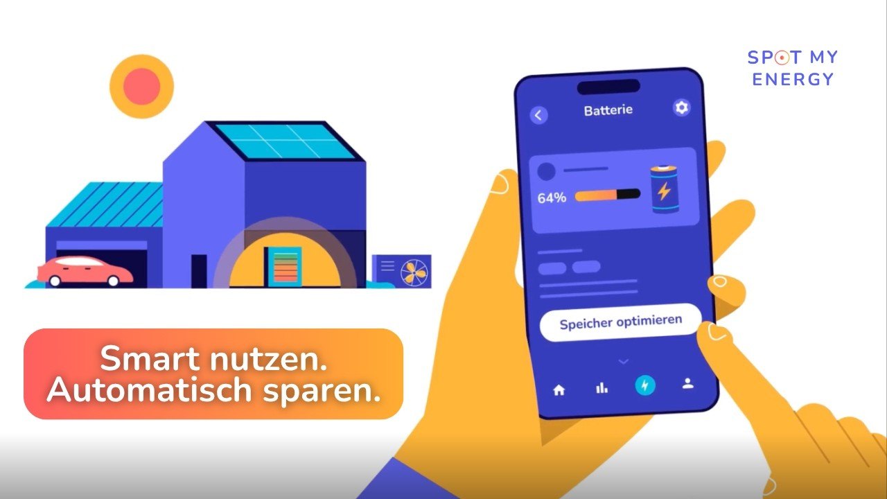 Illustration: Haus mit Solaranlage und Speicher, daneben eine Hand mit der SpotmyEnergy-App