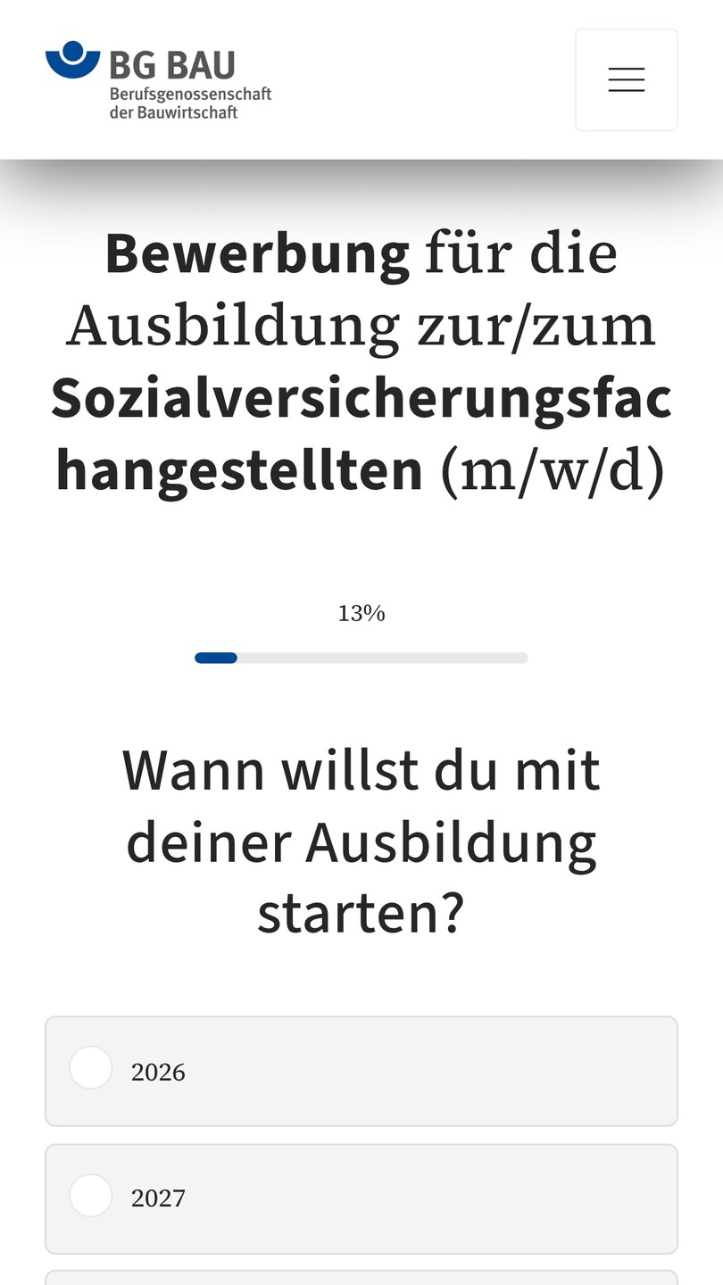 Die erste Frage des Bewerbungsfunnels auf dem Handy