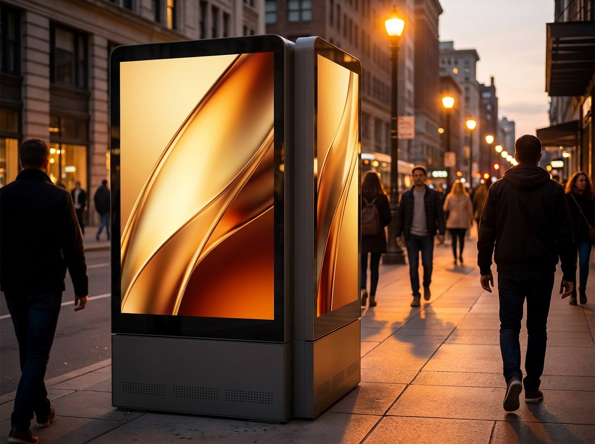 Doppelseitige Outdoor-LED-Stele auf dem Gehweg, beide Bildflächen leuchten