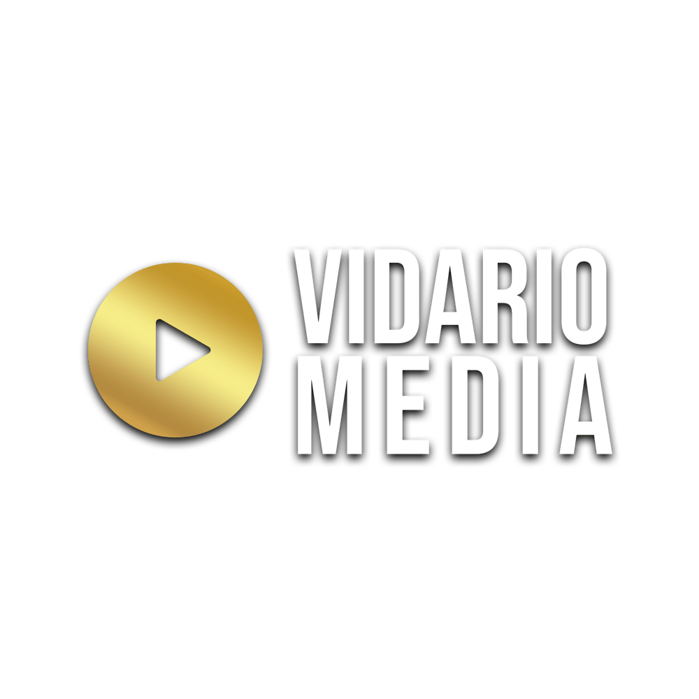 Goldenes Wiedergabesymbol und der Text "VIDARIO MEDIA" in Weiß mit schwarzer Umrandung.