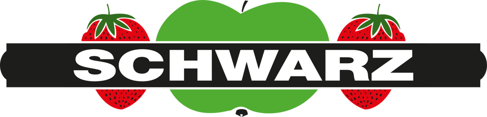 Das Wort "SCHWARZ" in Weiß auf einem schwarzen Balken, mit Erdbeeren und einem grünen Apfel. Logo Schwarz Obst