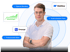 Mann mit Brille vor Icons für Webflow, Onepage, Branding und Texte auf schwarzem Hintergrund mit blauen Wellen.