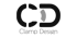 Graues C und D Logo mit „Clamp Design“ Text.
