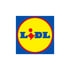 Lidl-Logo: Blaues Quadrat mit gelbem Kreis; rote und blaue Buchstaben L I D L, mit einem roten Punkt über dem I.