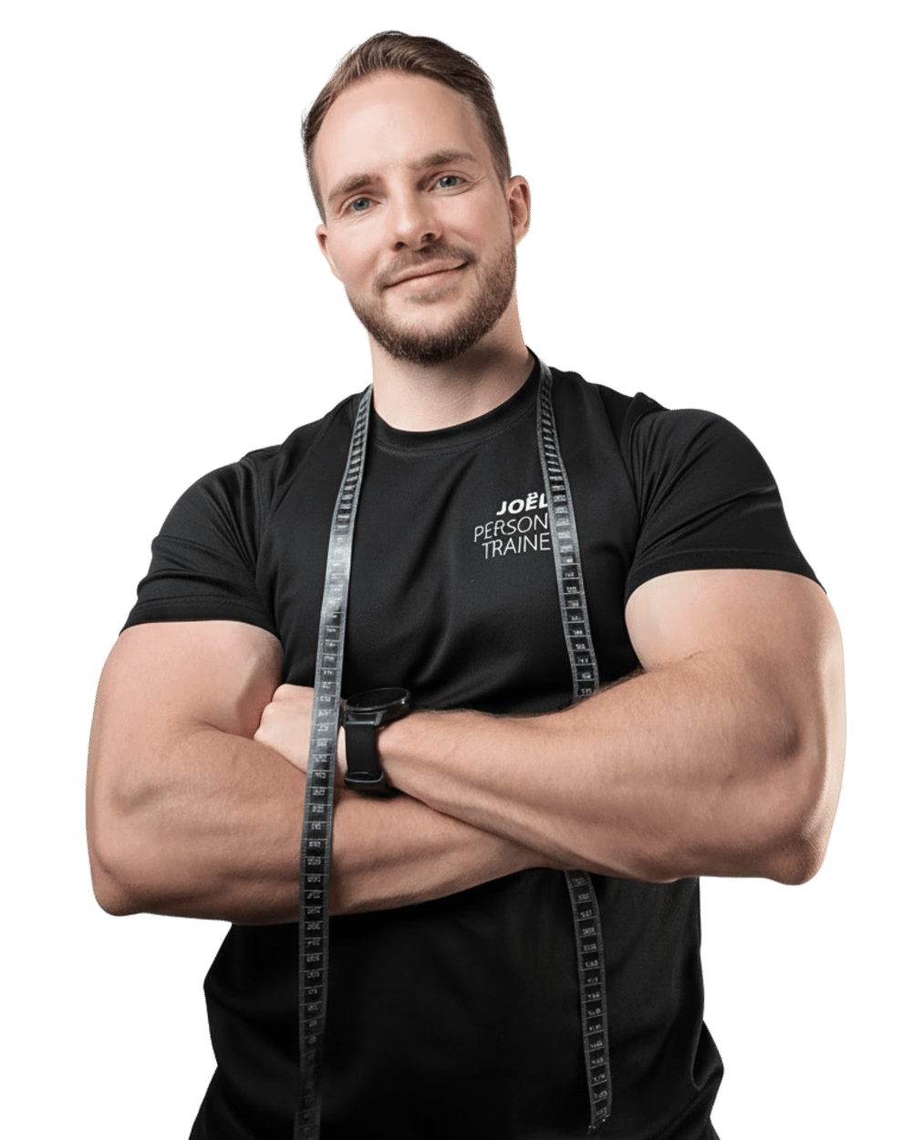 Coach Logo: Lachender Mann mit Bart, Joël Zbinden Abnehmcoach, in blauem Kreis mit Schweizer Flagge.