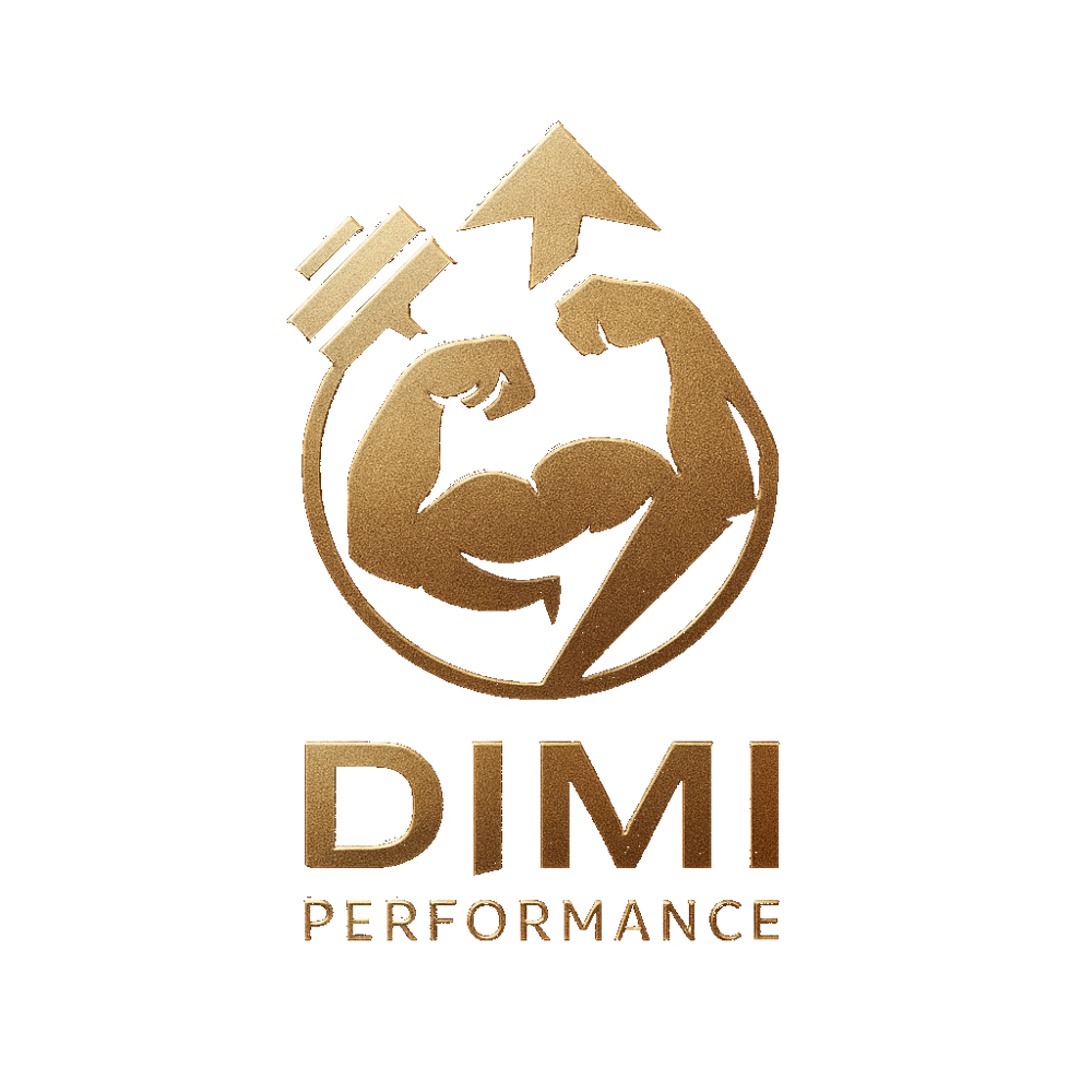 Goldenes Logo mit zwei Bizeps, einer Hantel und einem Pfeil nach oben; darunter steht "DIMI PERFORMANCE".