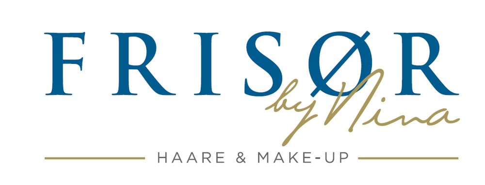 Logo von FRISØR by Nina für Haare & Make-up in Blau und Gold auf weißem Hintergrund.