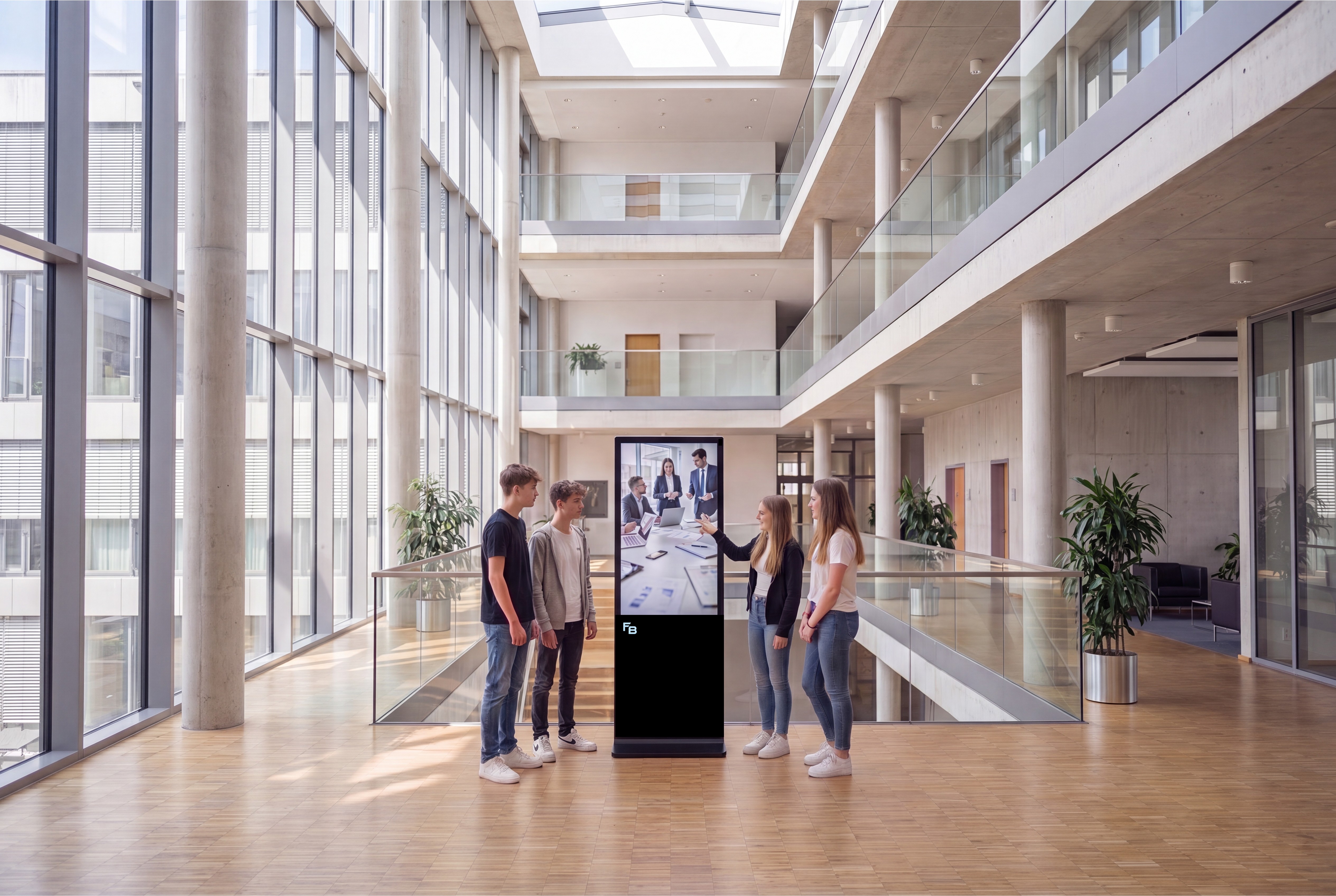Schülerinnen und Schüler vor einem FutureBoard im Schulgebäude