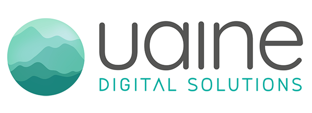 Logo von Uaine Digital Solutions mit einem grünen Kreis, der Berge und Wasserwellen darstellt.