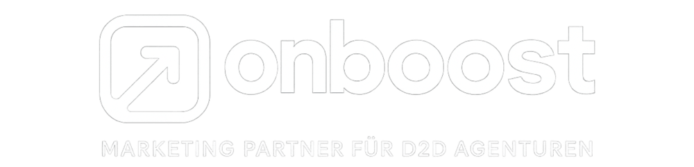 Onboost Logo mit Pfeil nach oben und Text "Marketing Partner für D2D Agenturen" auf grünem Hintergrund.