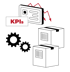 Eine ID-Karte und fallende rote Pfeile über zwei Zahnrädern und zwei Paketen mit der Aufschrift "KPIs".