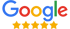 Das Google-Logo mit fünf goldenen Sternen darunter, die eine volle Bewertung anzeigen.