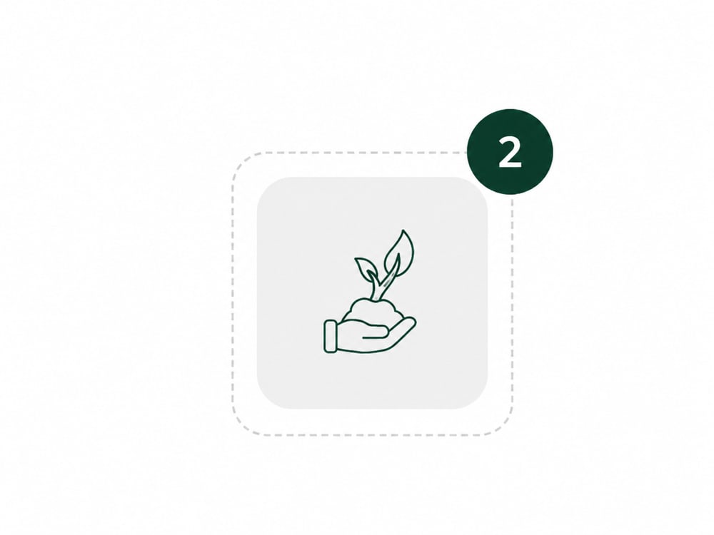 Grünes Icon einer Hand, die eine kleine Pflanze mit Blättern in Erde hält, markiert mit der Ziffer 2.