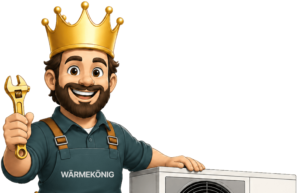 Mann mit Bart, goldener Krone, blauer Arbeitskleidung "WÄRMEKÖNIG", Schraubenschlüssel und Klimaanlage.