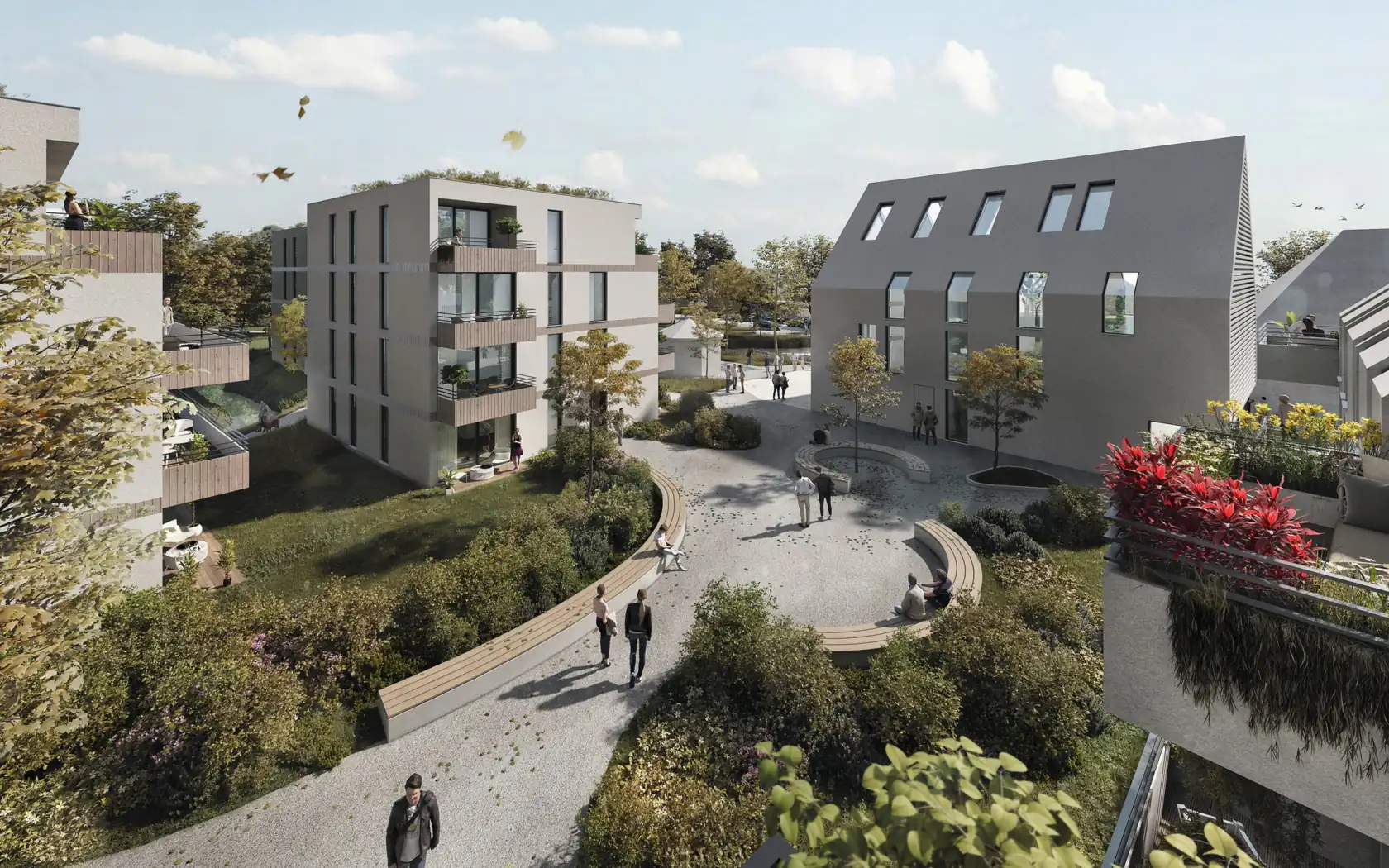 Visualisierung der Brenzquellhöfe: Quartiersplatz mit Bänken, Grün und neuen Wohnhäusern