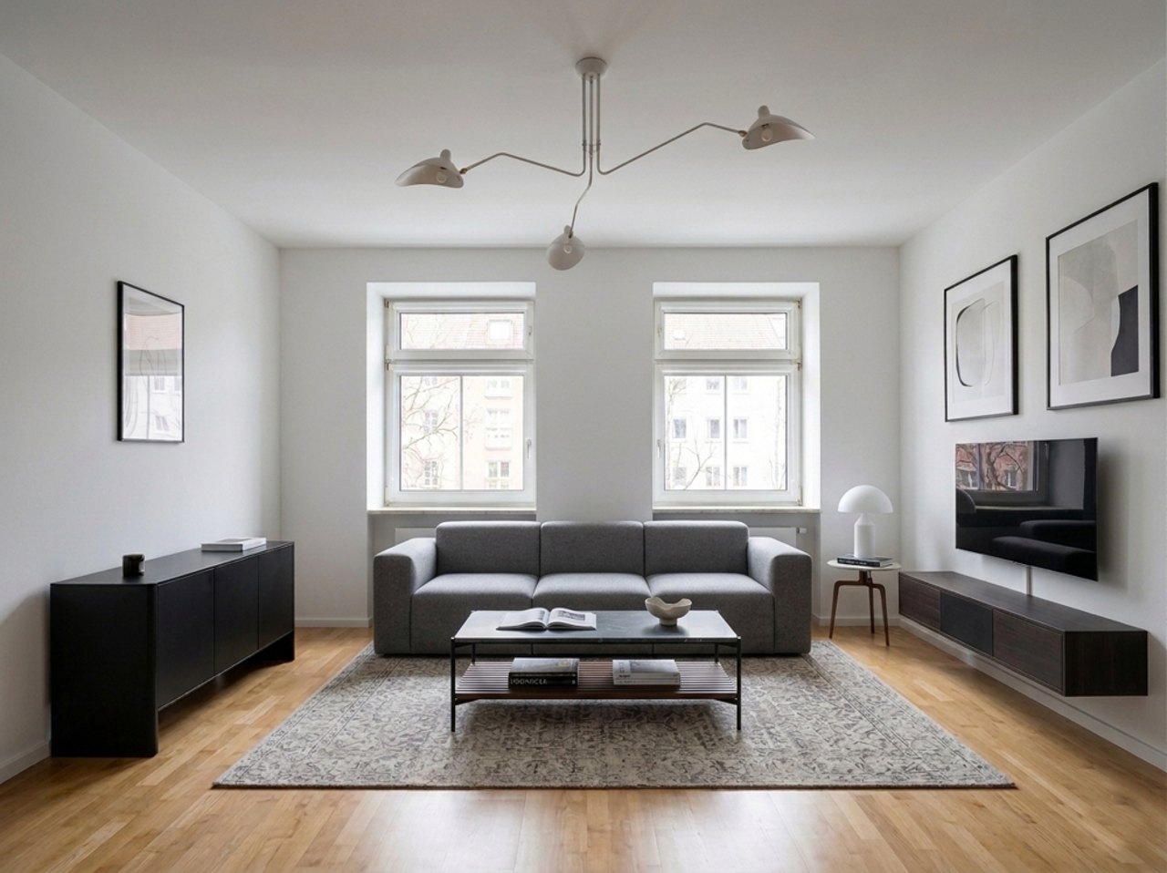 Wohnzimmer mit zwei Fenstern zur Straßenseite (KI-Staging)