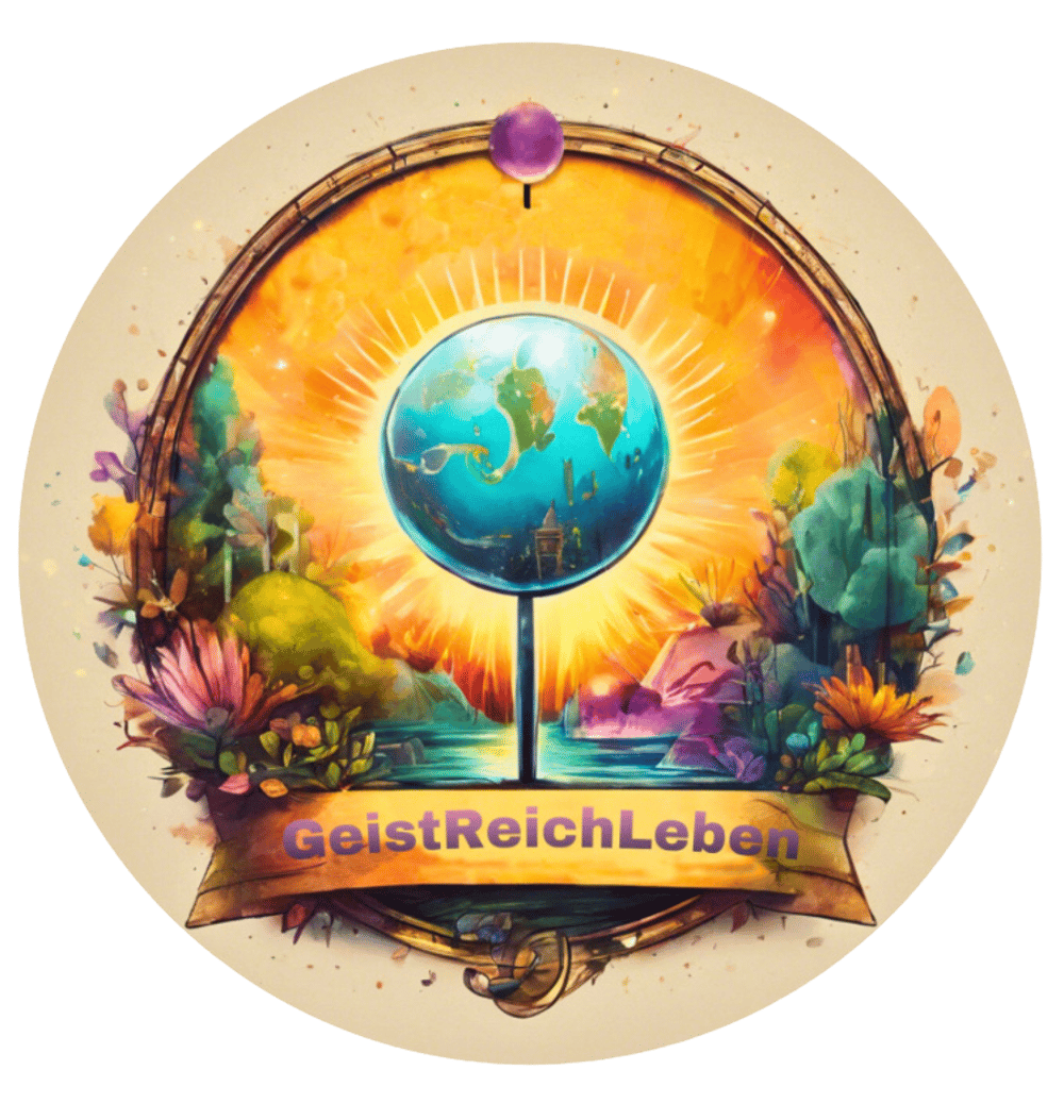 Runder goldener Rahmen mit Erde, die von Sonnenlicht umgeben ist, umgeben von Bäumen und Blumen, mit "GeistReichLeben" auf einem Band.