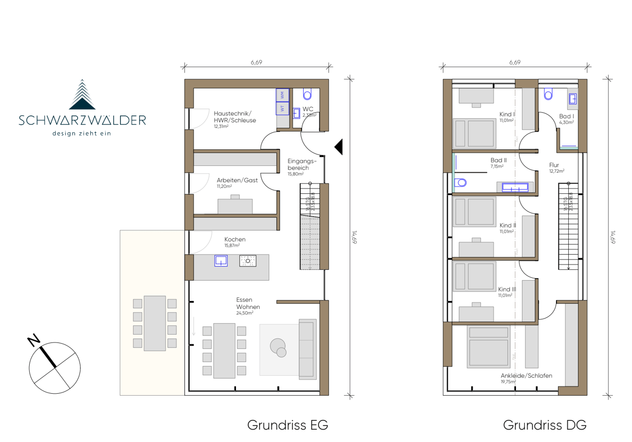 Grundrisse Erdgeschoss und Dachgeschoss des Einfamilienhauses in St. Georgen
