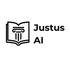 Offenes Buch mit Säulenmotiv und dem Text "Justus AI" auf dunkelgrünem Hintergrund.
