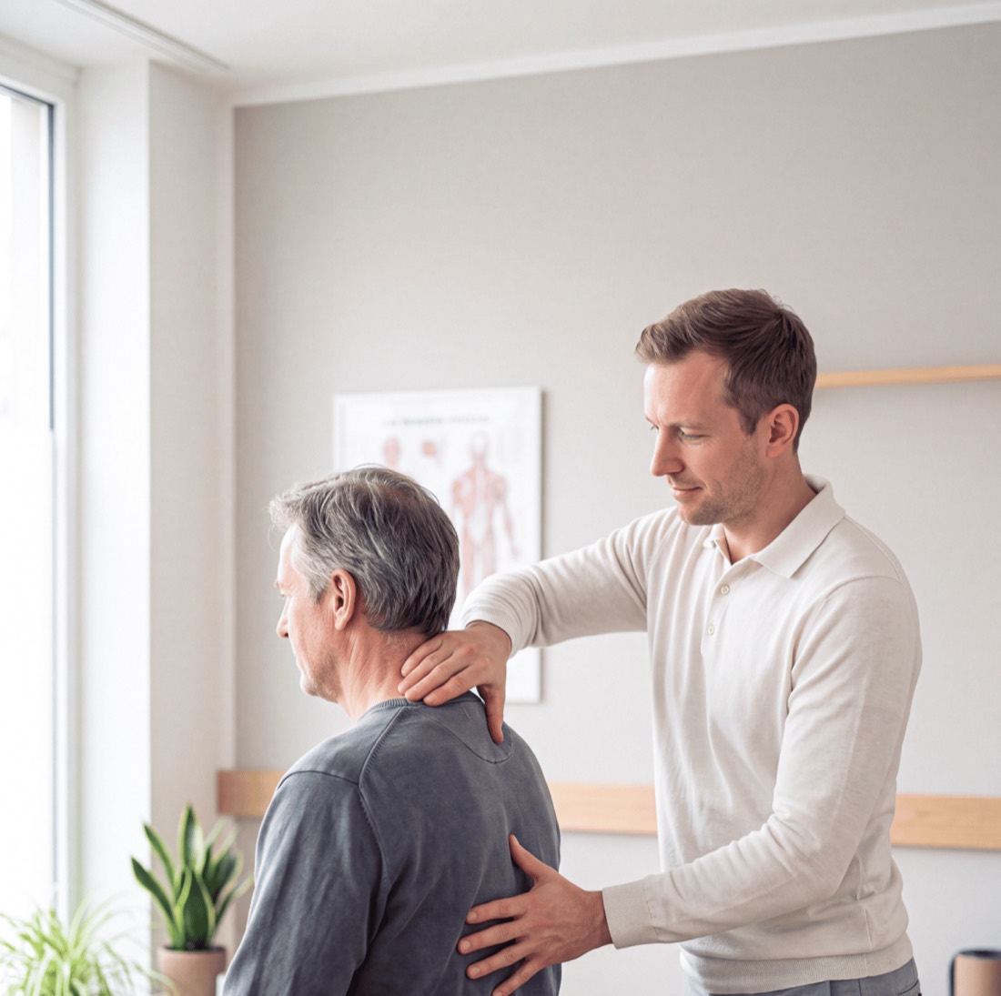 Physiotherapeut behandelt die Schulter eines Patienten in einem hellen Behandlungsraum