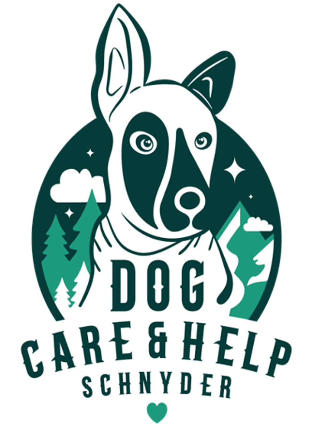 Logo mit Hundekopf, Bäumen und Bergen, Text "DOG CARE & HELP SCHNYDER" und einem Herz.
