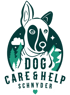 Logo: Weißer Hundekopf mit schwarzer Maske, umgeben von Bergen, Bäumen und Sternen, Text "DOG CARE & HELP SCHNYDER".