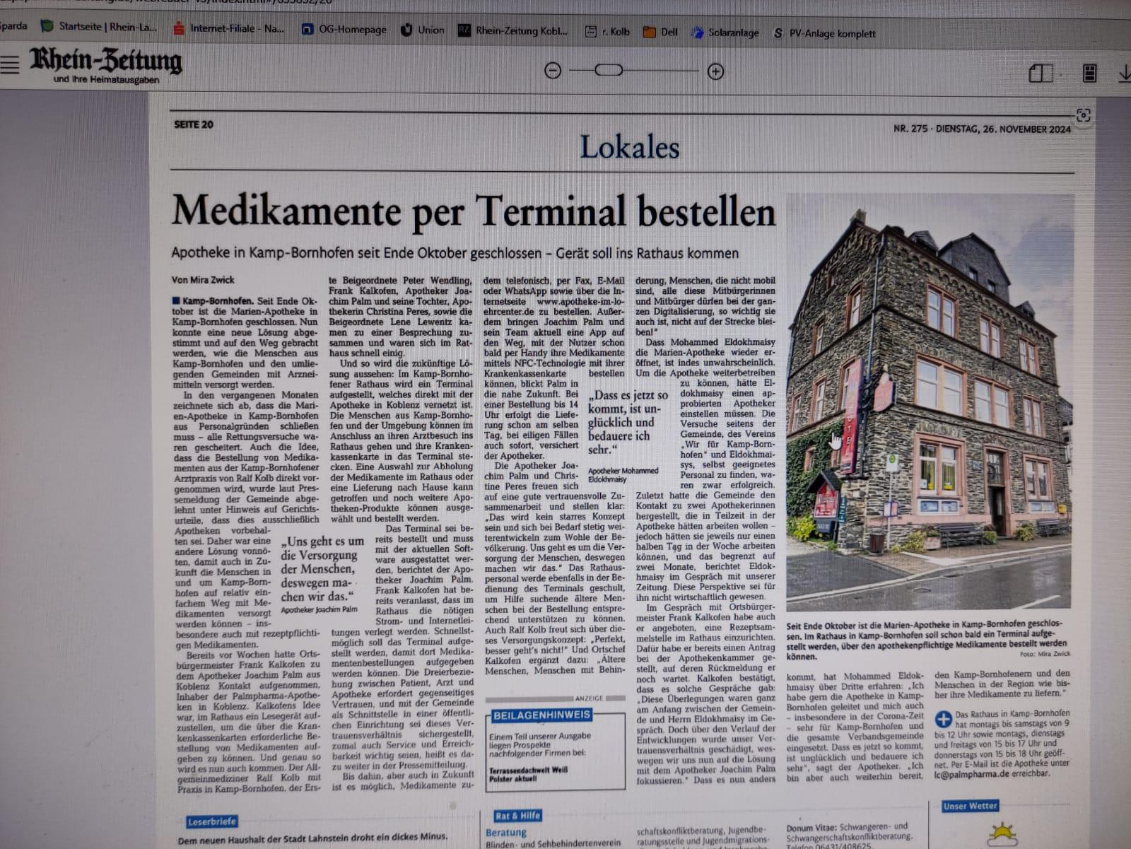 Die Rhein-Zeitung berichtet: „Medikamente per Terminal bestellen“