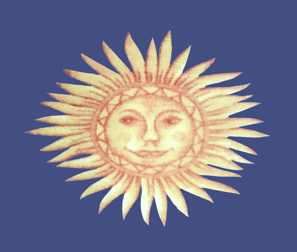 Sonnengesicht mit 16 Strahlen auf blauem Hintergrund.