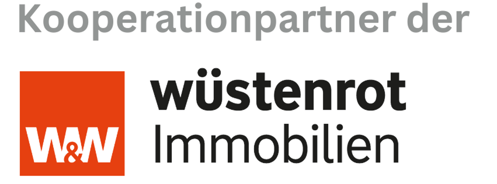 Grauer Text "Kooperationspartner der", rotes W&W-Logo, schwarzer Text "wüstenrot Immobilien".