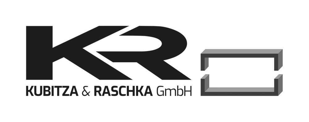Logo der Kubitza & Raschka GmbH mit den Buchstaben KR und einem rechteckigen Symbol auf schwarzem Hintergrund.
