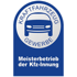 Blaues Logo mit stilisiertem Auto, Text "KRAFTFAHRZEUG GEWERBE" und "Meisterbetrieb der Kfz-Innung".