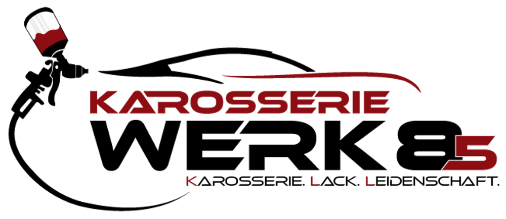 Logo Karosserie Werk 85: Spritzpistole, Auto-Silhouette, Text "KAROSSERIE LACK LEIDENSCHAFT".
