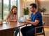 A male healthcare professional in blue scrubs shows a digital tablet with medical charts to a woman in a clinical office.