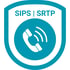 AMDEOM Datenschutz (DSGVO): Blaues Schild mit Text "SIPS | SRTP" und einem weißen Telefonsymbol in einem Kreis.