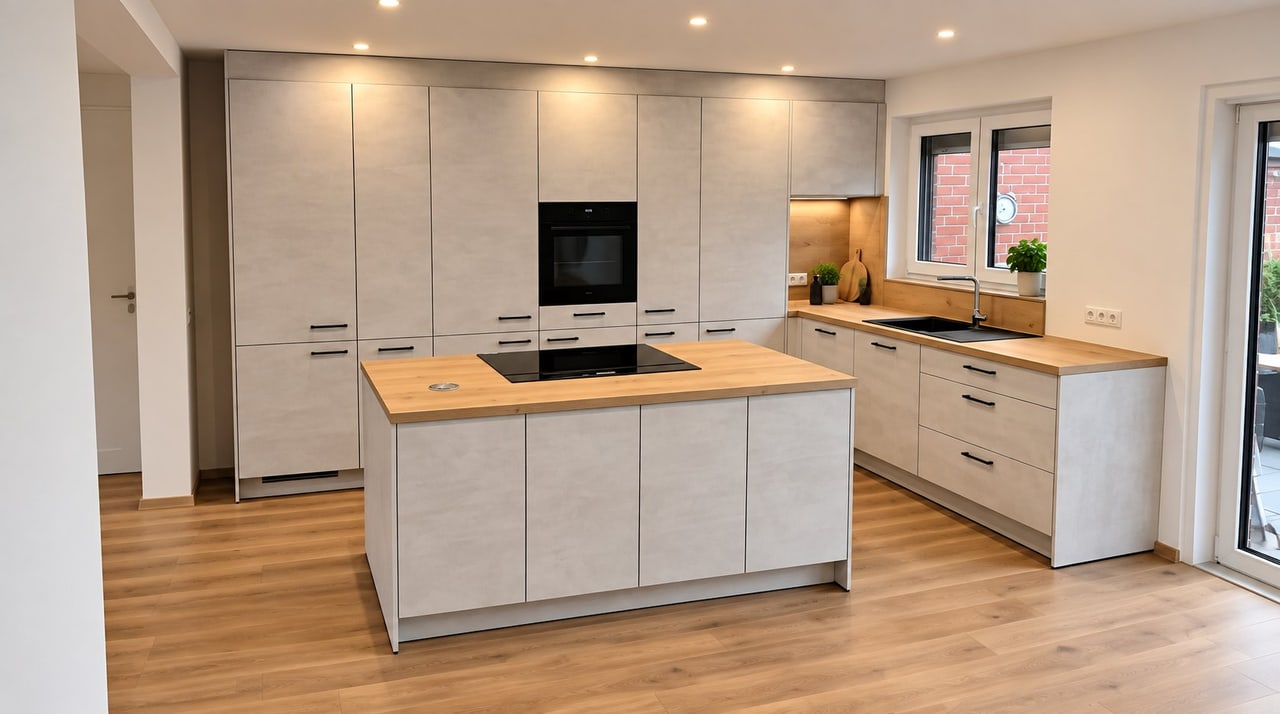 Küche in Betonoptik mit Holz, geplant von Baaler Küchenstudio Heinsberg